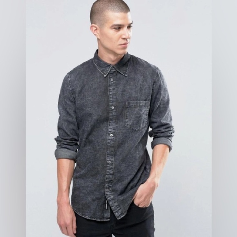 CHEAP MONDAY Rude Denim Shirt Concrete Ice Acid Wash